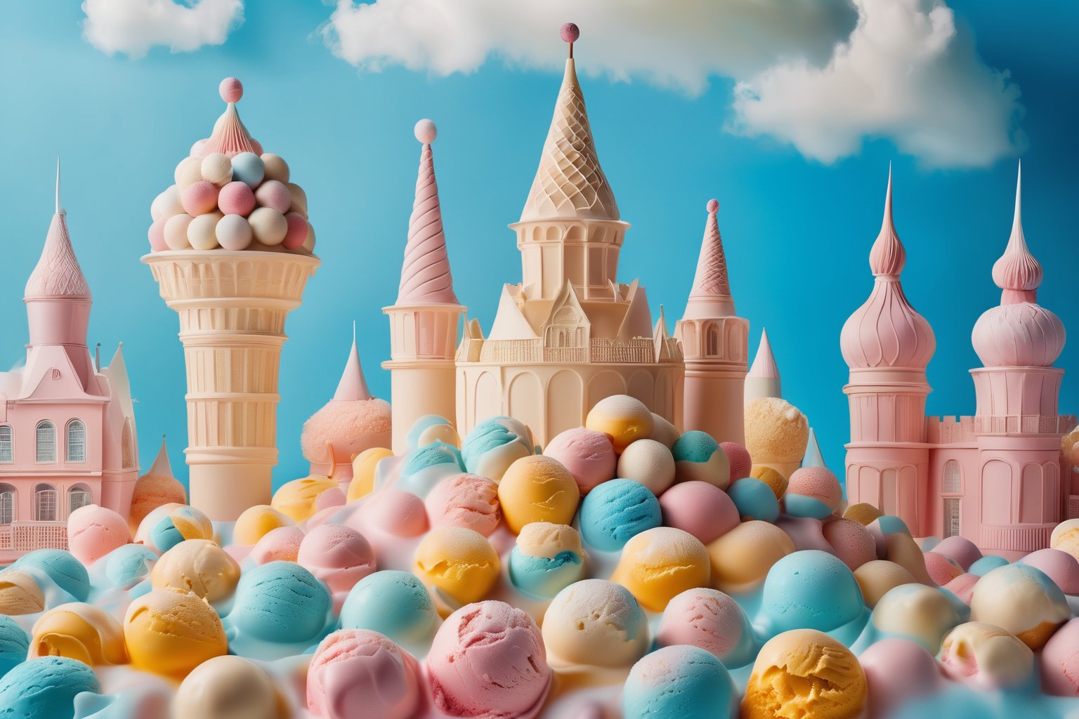 babycream,Surreal photography,whimsical ice cream world photos, a lovely castle of ice cream balls. The city is a small ice cream shop on both sides,The background is blue,cloud<lora:EMS-382534-EMS:0.800000>