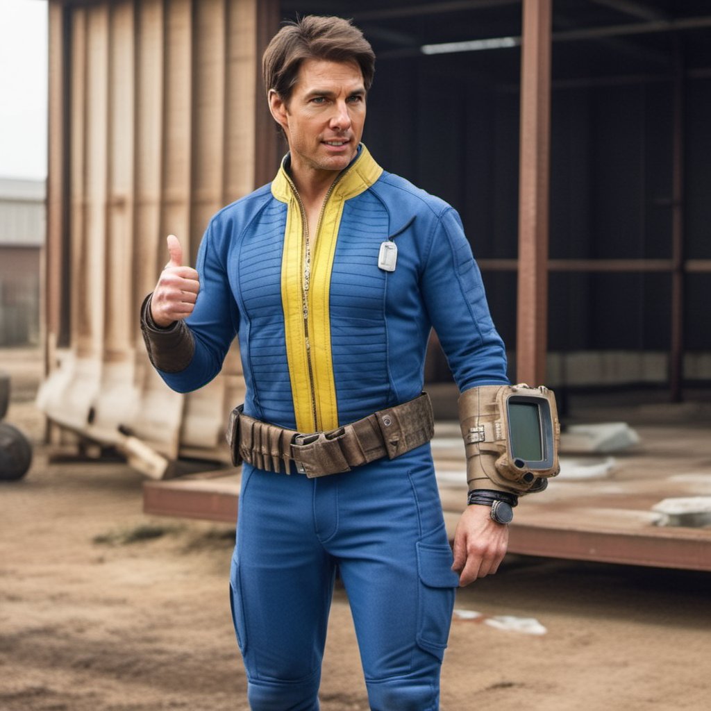 Dystopian style full body tom cruise wears a blue and yellow outfit, a computer wrist, a belt, smiles, (((thumbs up))) <lora:Fallout-V2-1024-120:0.8> . Bleak, post-apocalyptic, somber, dramatic, highly detailed