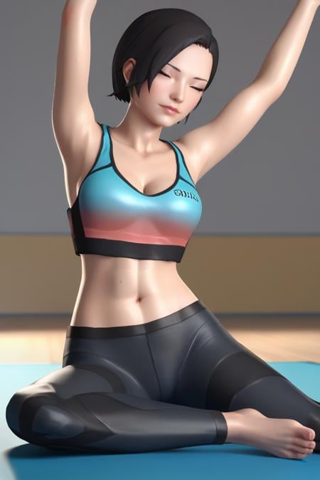 score_9, score_8_up, score_7_up, BREAK, 1girl, solo,  breasts,   <lora:zs_HiraguchiXL:.95> hiraguchip5, short hair, black hair, sports bra, yoga pants, midriff, cleavage, sitting, stretching, toned, 