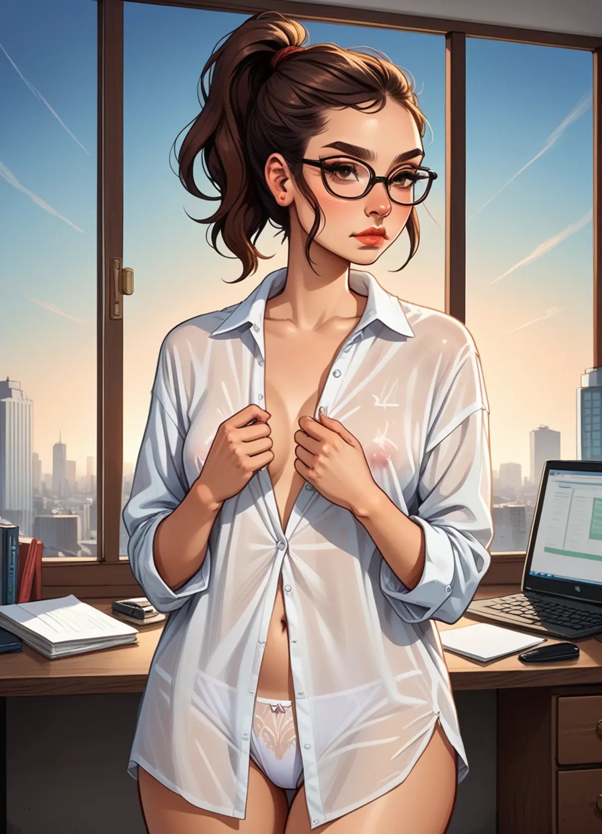 score_9, score_8_up, score_7_up, score_6_up, score_5_up, score_4_up, hud_j_d_styl, <lora:hud_j_d_styl_XLP:0.8>, 1girl, glasses, brown ponytail hair, medium breasts, hud_bttn_shrt, unbuttoned white collared see-through shirt, covered nipples, panties, <lora:sheer:0.8>, closed mouth, makeup, lipstick, office, window, skyline, night sky, 