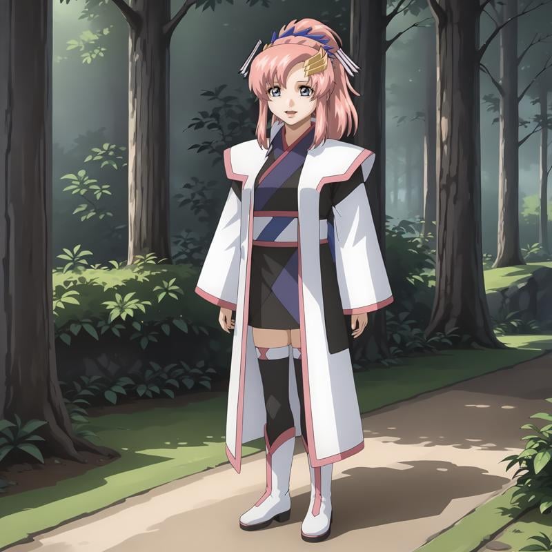 <lora:LacusClyneXLpony002>,smile,looking at viewer,open mouth,solo,LacusClyne,1girl,pink hair,ponytail,blue eyes,hair ornament,white haori,kimono,long_sleeves,mini skirt,thighhighs,ankle_boots,outdoors,nature,full body,standing,