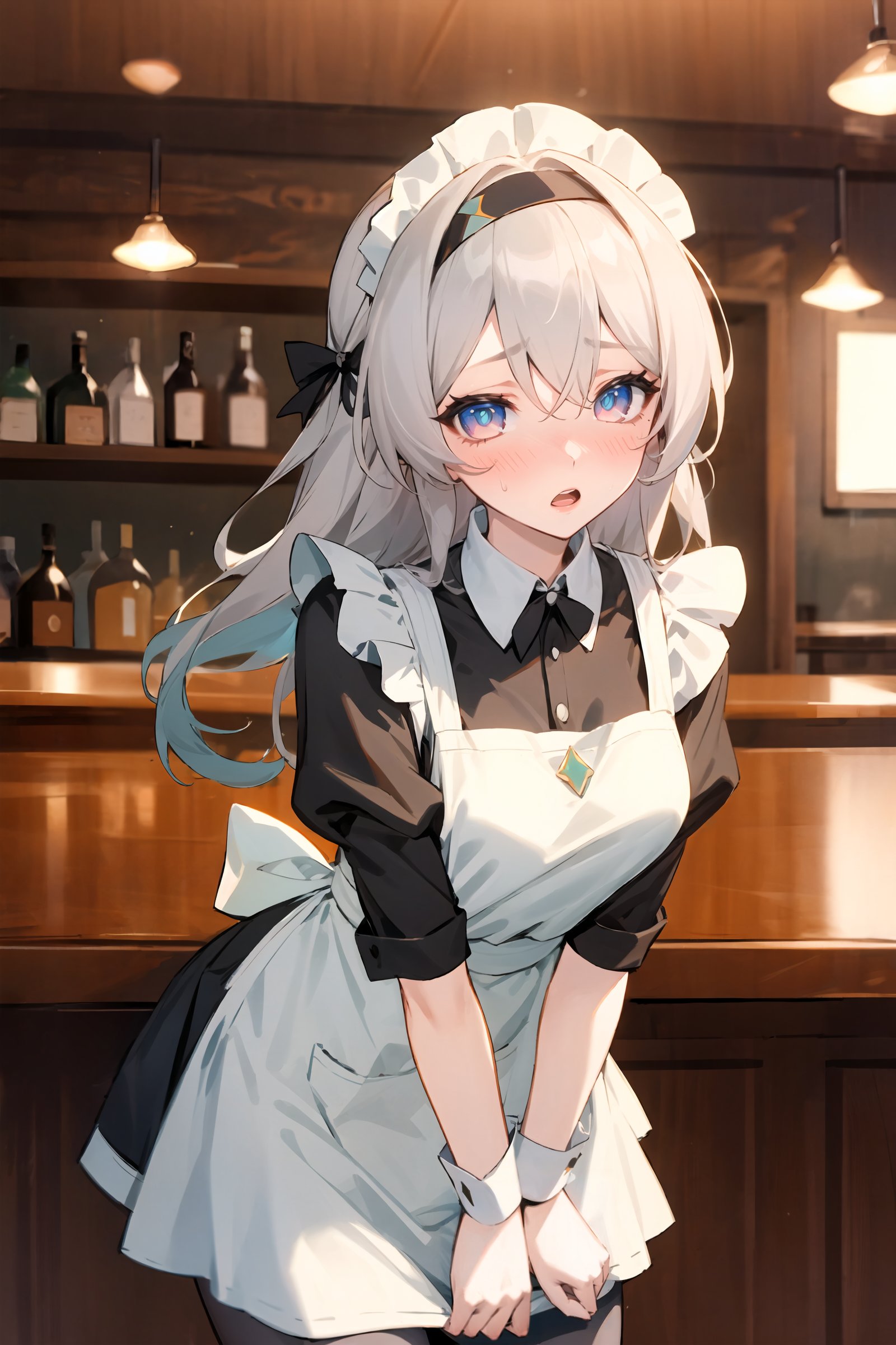 1girl, firefly \(honkai: star rail\), hairband, solo, maid, maid headdress, maid apron, embarrassed, pantyhose, open mouth, blush, parted lips, looking at viewer, cowboy shot, bar \(place\), indoors, depth of field