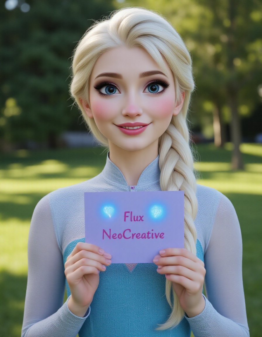 8k, RAW photo, highest quality, beautiful female portrait, Elsa from Frozen, pale skin, simple blonde braid, smile, blue dress, realistic, beautiful face and body,holds a glowing sign: "Flux NeoCreative" with a wise smile,outdoors, 