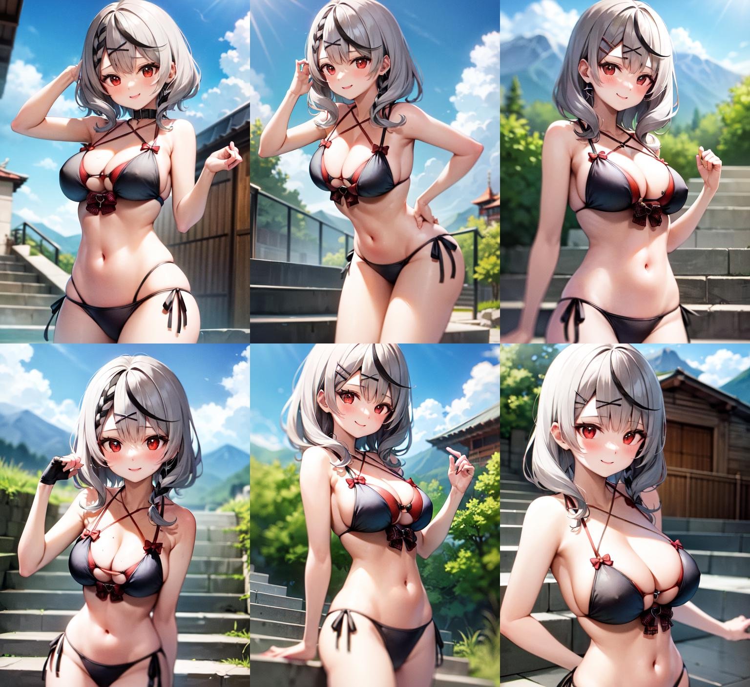 <lora:chloe1-000003:1.0>, chloeswim, upper body, smile, blush, outdoors, day, simple background, blue sky, sky, temple, looking at viewer, stairs, mountain, moody lighting, facing viewer,