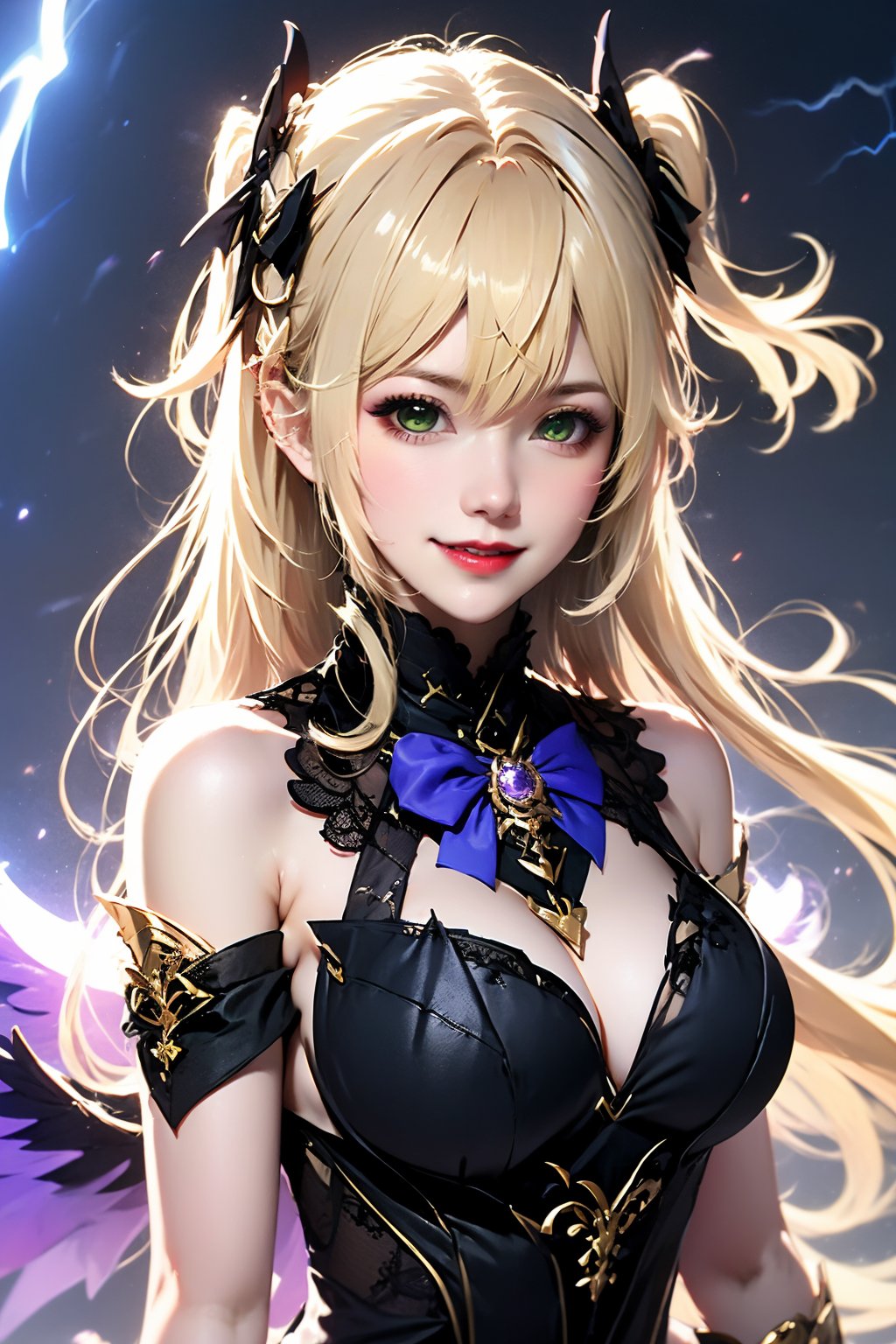 1girl, solo, breasts, green eyes, blonde hair, fischl \(genshin impact\), looking at viewer, long hair, two side up, red lips, bare shoulders, bow, upper body, hair between eyes, wings, lips, ribbon, medium breasts, bowtie, dress, purple bow, hair ribbon, detached sleeves, black dress, smile, purple bowtie, hair ornament, lipstick, makeup, tattoo, parted lips, torn clothes, large breasts, black ribbon, realistic, closed mouth, lightning, sleeveless, nose, gem, feathered wings, cleavage
