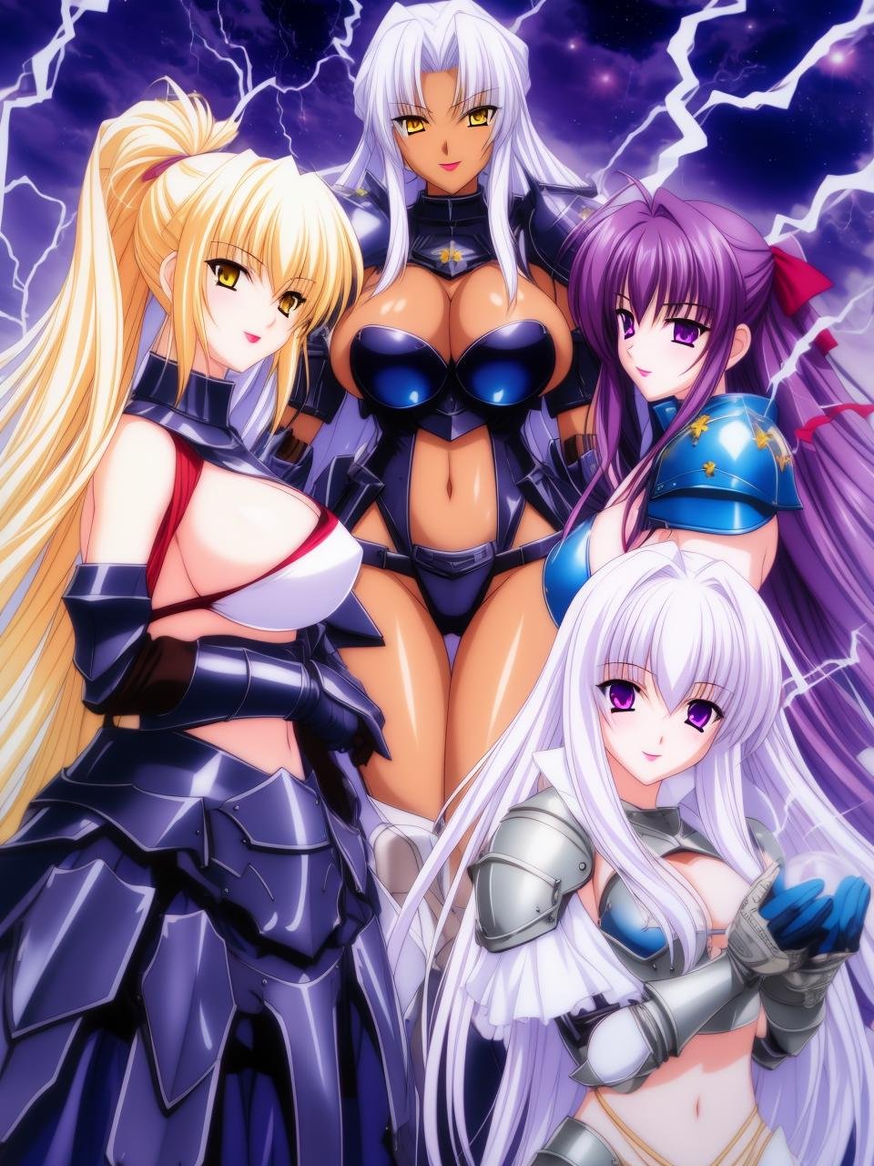 long_hair, smile, multiple_girls, blonde_hair, large_breasts, gloves, cleavage, very_long_hair, purple_eyes, yellow_eyes, ponytail, purple_hair, flower, white_hair, elbow_gloves, dark_skin, 3girls, armor, leotard, dark-skinned_female, sideboob, makeup, lipstick, shoulder_armor, pauldrons, center_opening, electricity, magic, bikini_armor