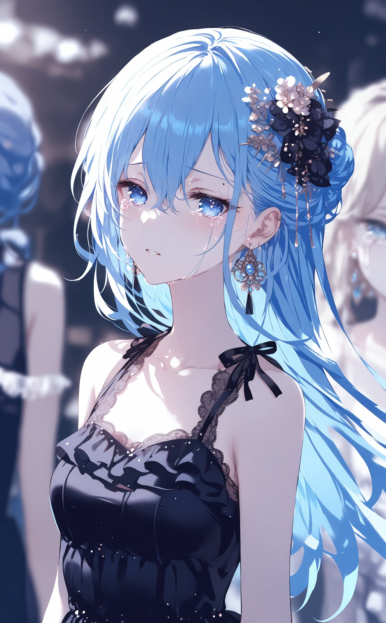 masterpiece,best quality,high quality,(colorful),1girl,solo,blue eyes,looking at viewer,long hair,blue hair,hair ornament,jewelry,upper body,bare shoulders,parted lips,earrings,hair between eyes,blurry background,blurry,sleeveless,black ribbon,breasts,hair flower,frills,tears,mole under eye,artist name,ribbon,black dress,collarbone,small breasts,dress,bare arms,black shirt,sleeveless dress,crying,depth of field,mole,flower,transparent,