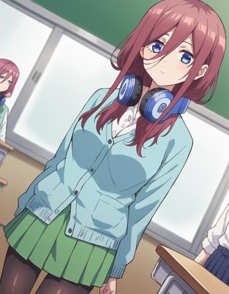 score_9, score_8_up, score_7_up, source_anime,mikunakano, <lora:miku-nakano-s1-ponyxl-lora-nochekaiser:1>, miku nakano, long hair, bangs, blue eyes, brown hair, shirt, hair between eyes, headphones, cardigan, headphones around neck,skirt, shirt, long sleeves, white shirt, pantyhose, pleated skirt, black pantyhose, cardigan, green skirt, blue cardigan,indoors, classroom, looking at viewer, cowboy shot, dutch angle,