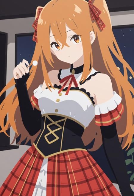 1girl, masterpiece, expressionless, indoors, night, looking at viewer, upper body, mimikaki, shadow, upper body, BREAKlong hair, orange hair, crossed bangs, sidelocks, two side up, orange eyes, red hair ribbon, red neck ribbon, bare shoulders, black elbow gloves, red pleated skirt, red plaid skirt, frilled skirt, medium skirt, high-low skirt, white skirt, layered skirt, golden trim, medium breasts, black corset, white underbust, detached collar,  <lora:yuru_flat:1>