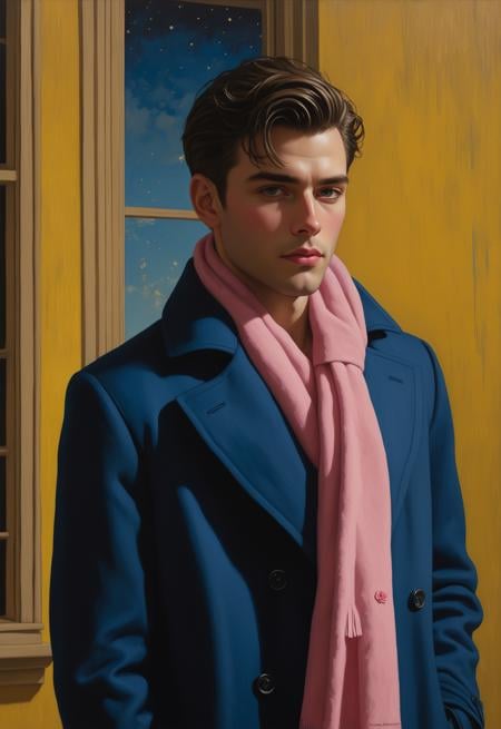 A painting of an elegant man with short hair wearing a blue long coat and pink fur scarf, in the style of Gottfried Helnwein, with a yellow wall background, a window on the left side, roses in the right bottom corner, and moonlight in the night sky, in the style of John Brack