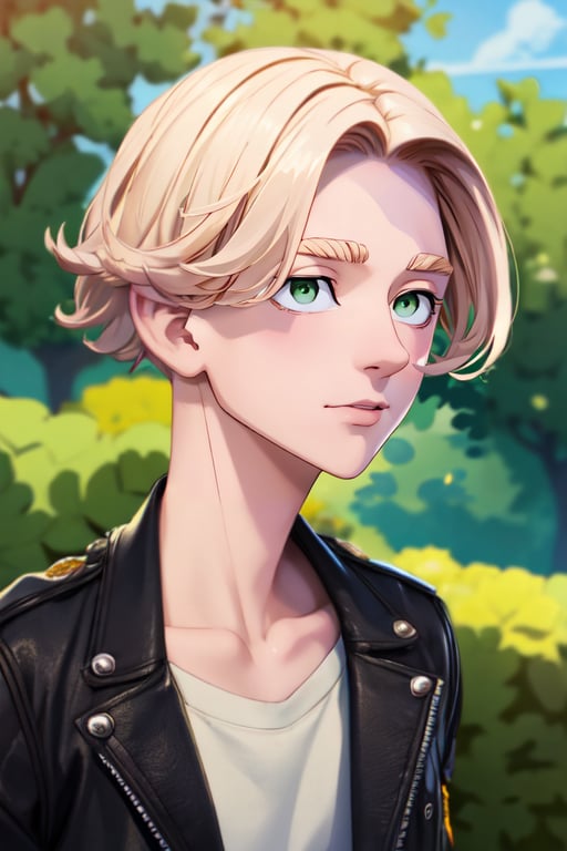 (best quality:1.1), (masterpiece:1.4), illustration, , , depth of field, ligne claire, , 1boy, solo, male focus, <lora:seishuu_inui:0.92>, seishuu_inui, blonde hair, green eyes, , biker costume, , 2k resolution