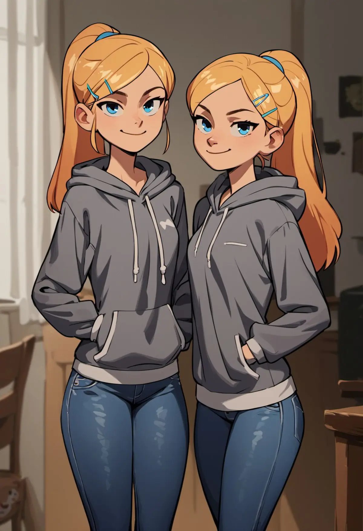 score_9, score_8_up, score_7_up, score_6_up, film grain,Mangamast3r, 2girls, twins, long hair, looking at viewer, smile, hair ornament, long sleeves, closed mouth, blue eyes, standing, ponytail, hairclip, indoors, hood, blond hair, hoodie, hood down, smug, grey hoodie, jeans,<lora:Mangamaster_4000s-000007:0.7>, <lora:fix_hands:1.5>