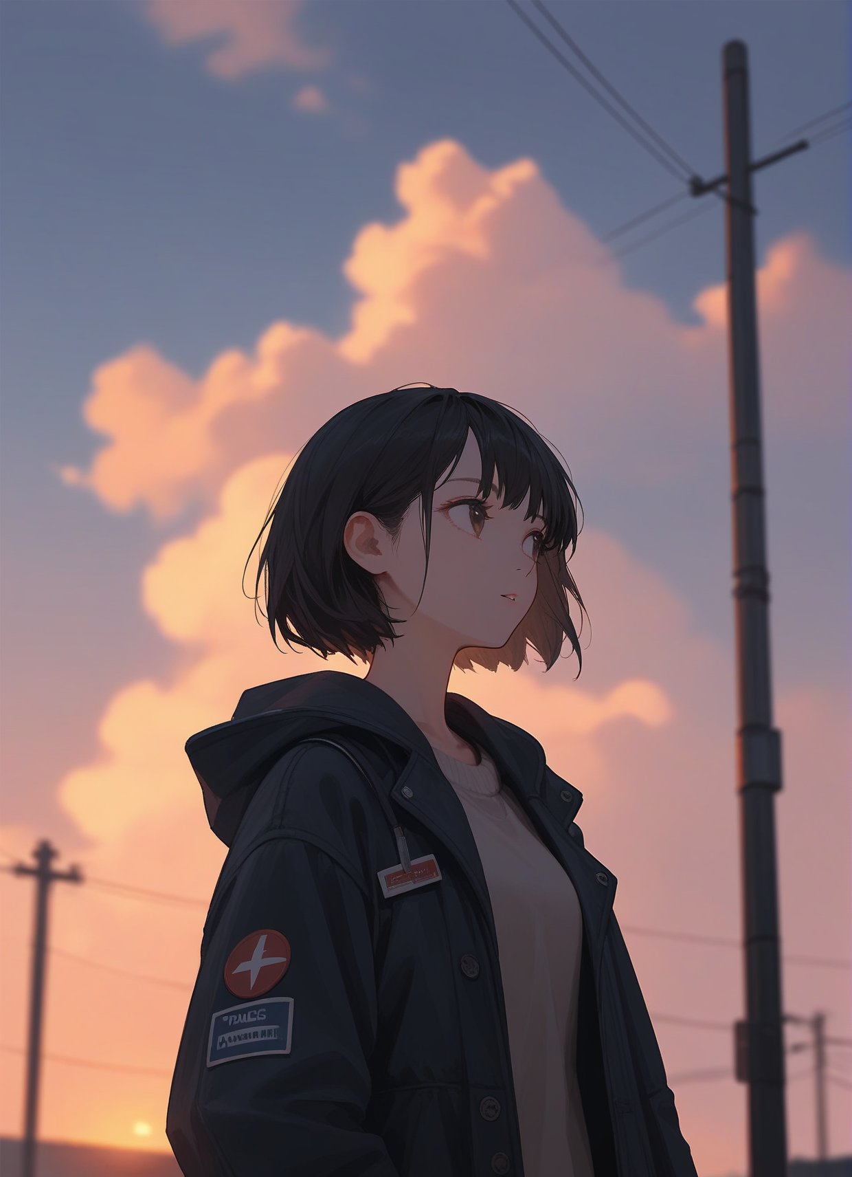 score_9,score_8_up,score_7_up,1girl,solo,outdoors,sky,power lines,utility pole,cloud,black hair,short hair,jacket,bangs,bag,blurry,sunset,upper body,blurry foreground,brown eyes,cloudy sky,looking afar,parted lips,closed mouth,evening,depth of field,looking away,sweater,long sleeves,coat,