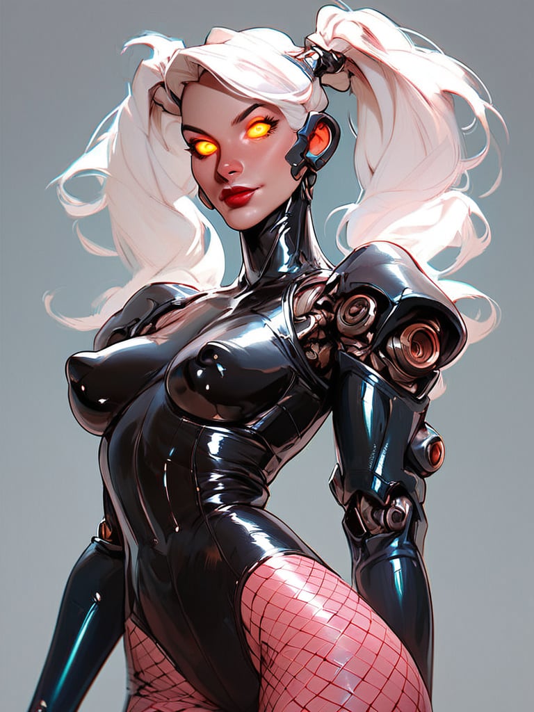 score_9, score_8_up, score_7_up, score_6_up, score_9, score_8_up, score_7_up, score_6_up, BREAK,1girl, puffy sleeves, puffy nipples, latex, bodysuit, mechanical arms, mechanical legs, mechanical eye, glowing eyes, standing, arched back, simple background, white hair, long hair, looking at viewer, upper body, fishnets, twintails, lipstick, facing viewer, <lora:xl_more_art-full_v1:0.25>, <lora:Stylized_Colorful_-_Semi_Realistic:1>