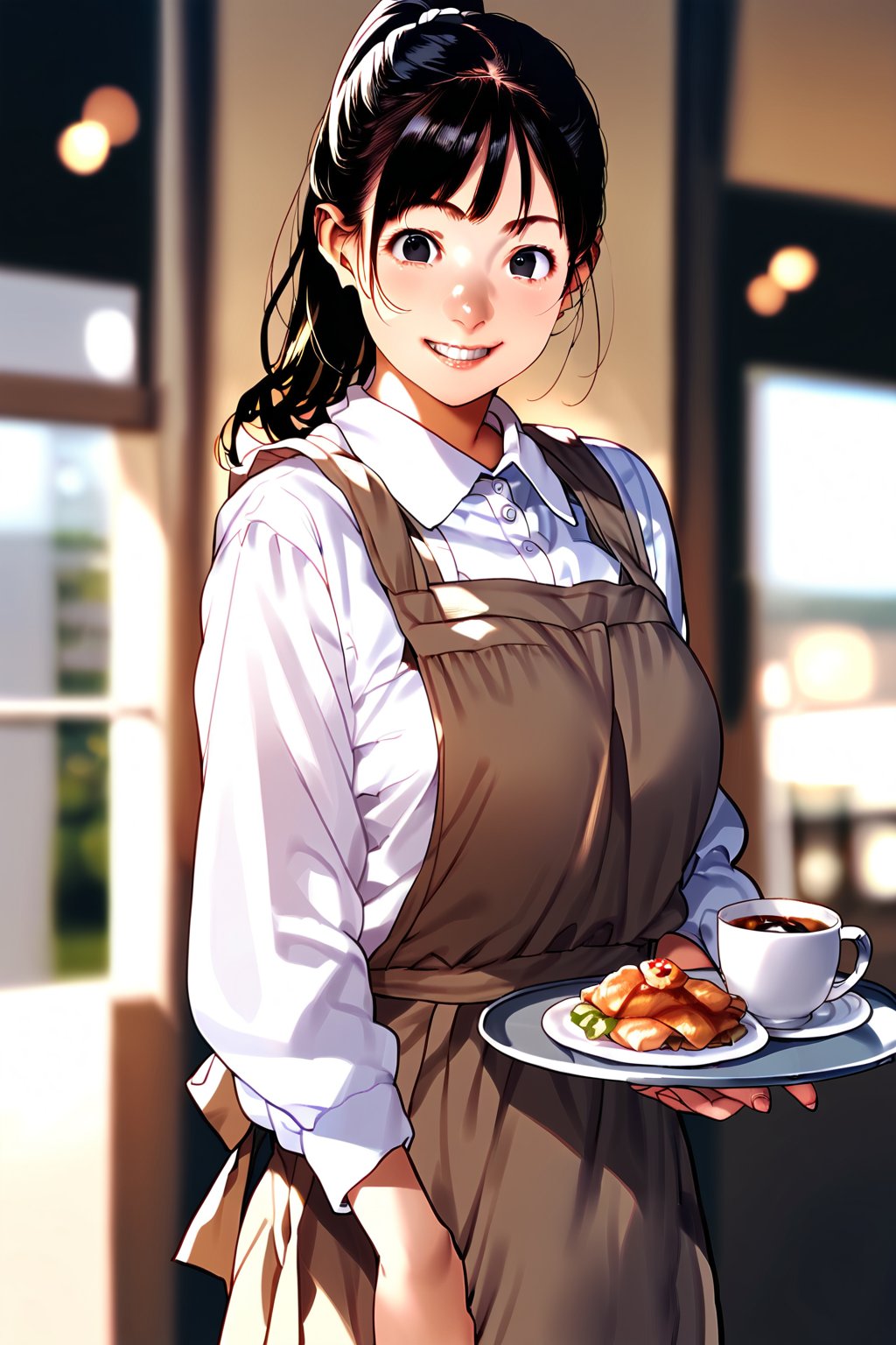 score_9, score_8_up, score_7_up, score_6_up, score_5_up, score_4_up, source_anime, ((cowboy shot)), tokiyama sui, 1girl, solo, ponytail, smile, indoors, shirt, white shirt, apron, photo background, female focus, holding tray, grin, teeth, cup, upper body, looking at viewer, long sleeves, black eyes, brown apronmasterpiece, perfect face, best quality, beautiful girl, blurry background, cute girl, beautiful eyes, shiny eyes, perfect body, <lora:tokiyama sui anime pony 726:1>