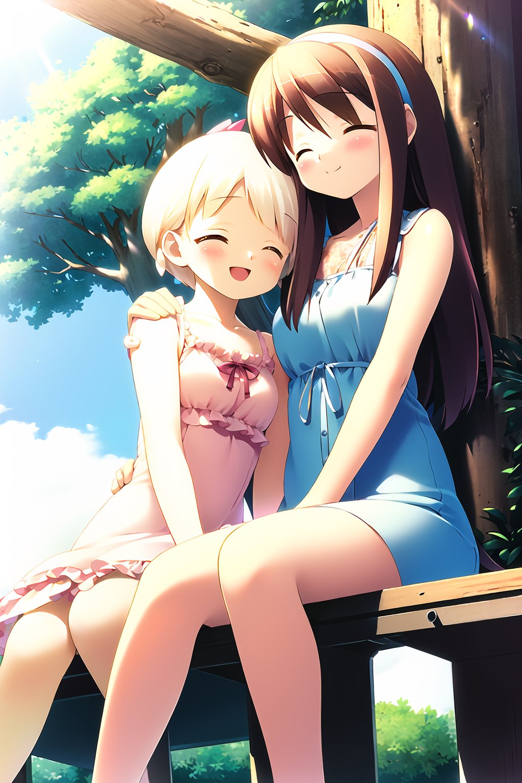 ((masterpiece, high quality, best quality)),multiple girls, 2girls, bench, pink hair, closed eyes, long hair, short hair, brown hair, tree, hairband, hug, day, dress, dappled sunlight, sunlight, blush, outdoors, happy, sitting, smile, blonde hair,<lora:gayaro-style_v2.0:1.0>