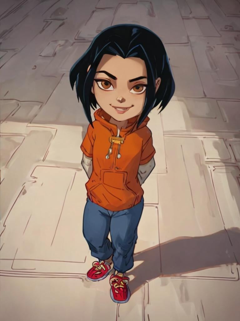 score_9, score_8_up,  jadechan, 1girl, black hair, brown eyes, solo, short hair, long sleeves, orange hoodie, smile, pants, sneakers,standing, looking at viewer, arms behind back,   <lora:Jadepony2.2:1>   zPDXLxxx