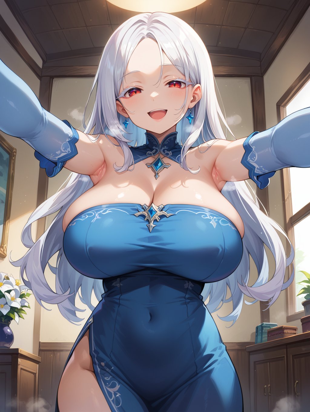 score_9, score_8_up, score_7_up,source_anime,1girl, solo, huge breasts,  long hair, white hair, red eyes, colored eyelashes, parted bangs, blue dress, off-shoulder dress, white flower, side slit, elbow gloves, blue gloves, smile, half-closed eyes, open mouth, Narrow shoulders, heavy breathing, steaming body, dining room, indoors, looking at viewer, close-up, pale skin, spread arms, outstretched arms, armpits, pov