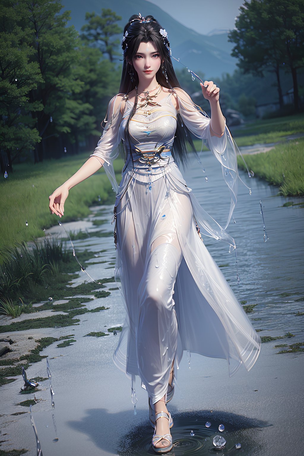 wanmei,qingyi,hanfu,1girl,solo,<lora:qingyi_v1:0.9>,<lora:add_detail:0.6>,looking at viewer,faye \(front innocent\),full body,((water drops)),wet clothes,((beautiful detailed water)),((floating)),dynamic angle,