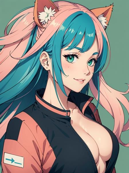 (cat ears, pink hair, profile, deformed background, (flat color), solo, mature close-up face, (illustration), many layers, limited tone, isometric, dribbble style illustration, vivid pink hair, clear eyes, colored_skin, (green_hair), jacket, long_hair, looking at viewer, parted_lips, smile, solo), visible large breasts, nsfw