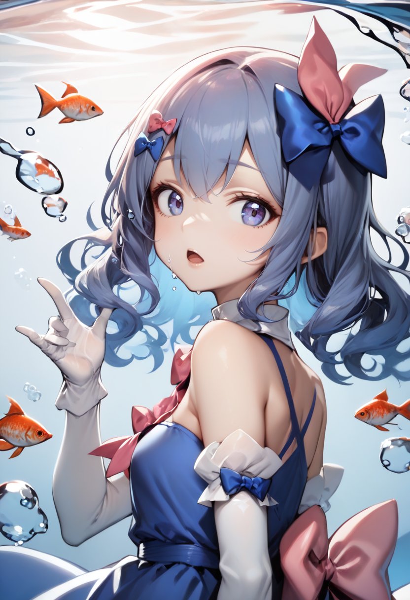 1girl, back bow, bare shoulders, blue bow, blue dress, bow, bubble, detached sleeves, dress, fish, hair bow, hair ornament, looking at viewer, looking to the side, open mouth, pink bow, solo, upper body, water, white gloves, 