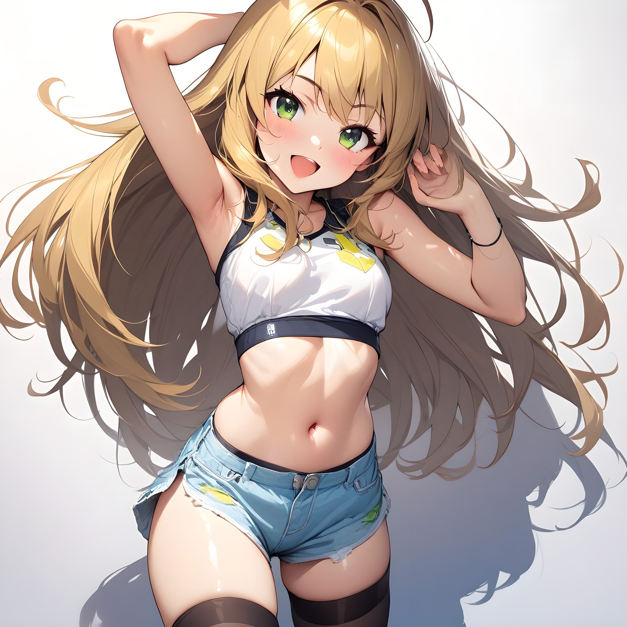 (masterpiece),(best quality),(ultra-detailed),(best illustration),(best shadow),(absurdres),(detailed background),(very aesthetic), hoshii_miki, 1girl, solo, long hair, blonde hair, shorts, green eyes, navel, open mouth, ahoge, white background, midriff, thighhighs, arm up, simple background, armpits, cowboy shot, smile<lora:Hoshii_Miki:1>