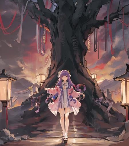 saigyou_ayakashi,  <lora:SaigyouAyakashiV1-000008:1.2>, bare_tree, 1girl,patchouli knowledge, purple hair, full body, 