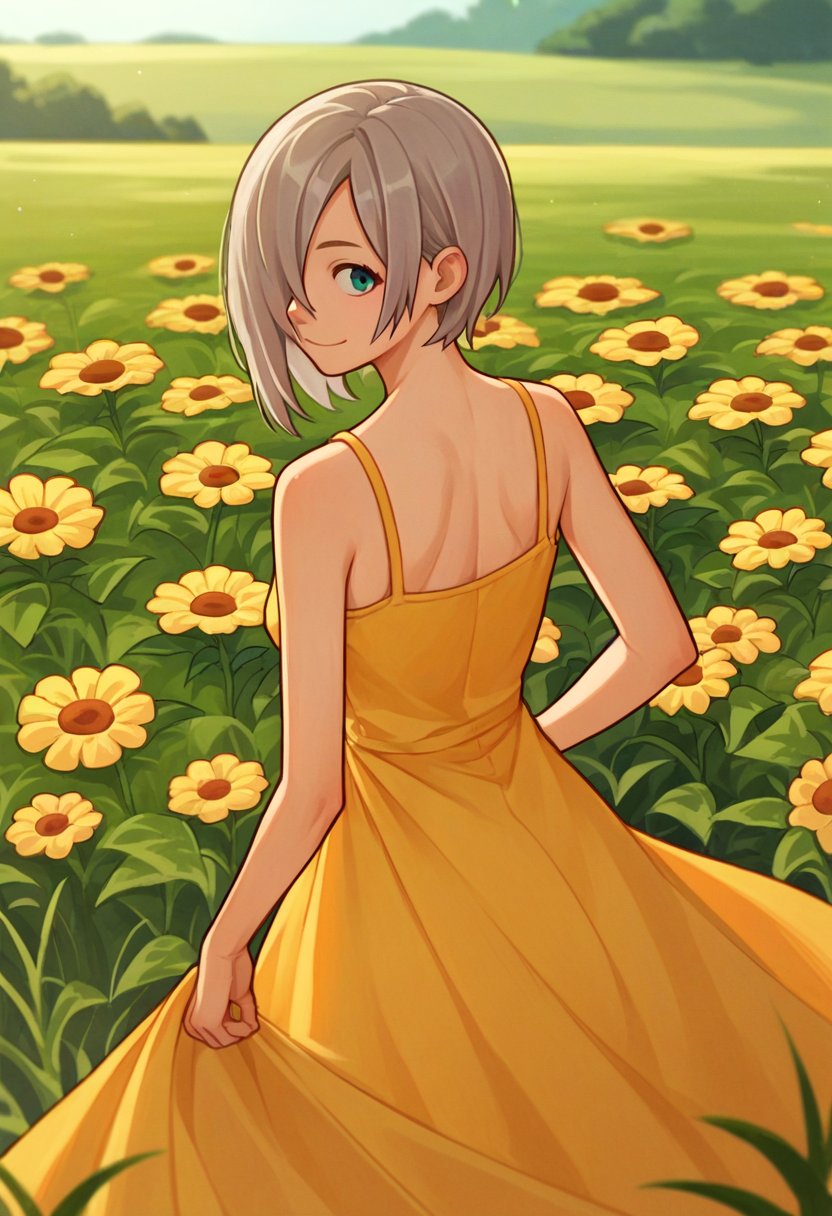 score_9, score_8_up, score_7_up, source_anime, from behind, solo, 1girl, gflmg5, slight smile, looking back, grey hair, hair over one eye, yellow sundress, outdoors, flower field <lora:gfl_mg5_ponyXL:1>