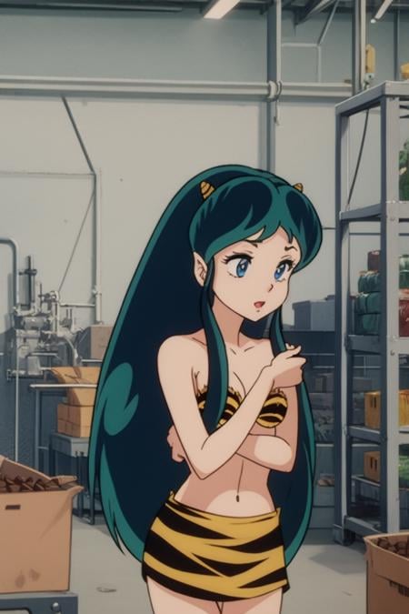 masterpiece, 8k,<lora:Urusei_Yatsura(original) lum:0.7> lum, oni horns, Playfully tugging at clothing, Chocolate Factory