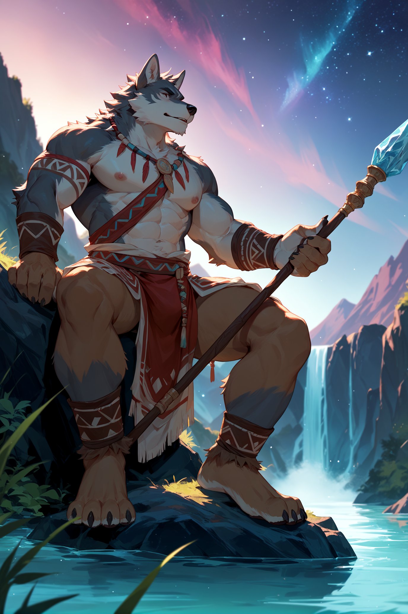 score_9,score_8_up,score_7_up,furry,kemono,high quality,full body,tail,furry,rating_explicit,embedding:zPDXL2 BREAK anthro male furry,8k,masterpiece,sexy,(rainbow gradient bioluminescent dress),(starry night background),nebula,aurora,((outdoors)),dark background,from below,Sitting person looks up,gray wolf,spear,Tribal style clothes,clear river,ice cave,purple sunset,