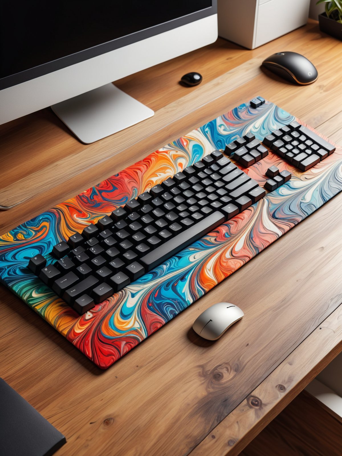 Computer with mad-marbled-paper keyboard on wooden desk in office <lora:Colorful_Marbled_Paper_SDXL:0.6>, (masterpiece:1.2), best quality