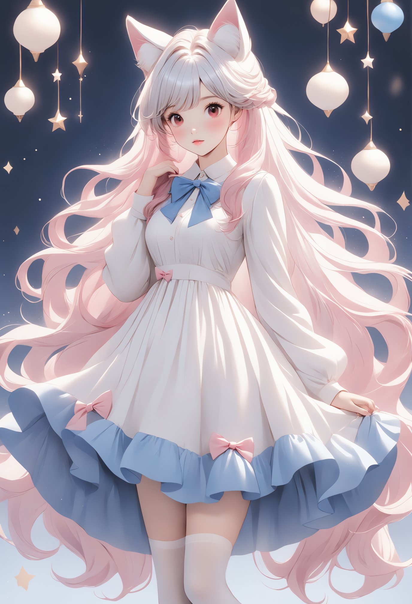 1girl, multiple colored hairs,hair,lovely,cute,posing,whole bodyblue bow,pink animal ears, red eyes, long hair, very long hair, long sleeves, solo, bow, hair between eyes, bangs, white dress, legwear,white hair,chest