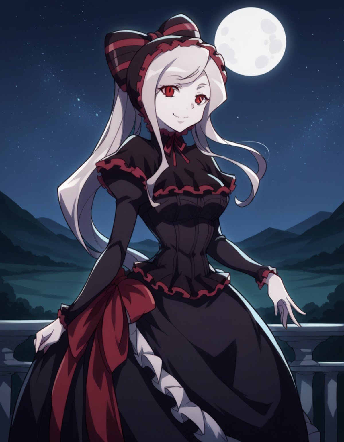 score_9, score_8_up, score_7_up, source_anime,shalltear, <lora:shalltear-bloodfallen-s1s2-ponyxl-lora-nochekaiser:1>,shalltear, grey hair, long hair, red eyes, silver hair,black dress, bonnet, bow, dress, frilled dress, frills, large bow, long sleeves, vampire,outdoors, landscape, night, moon, starry sky, smile,looking at viewer, cowboy shot, solo, dutch angle,