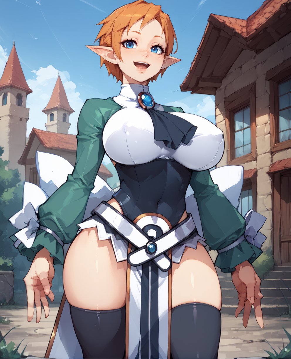 score_9,score_8_up,score_7_up,magicknightxl,blue eyes,large breasts,short orange hair,pointy ears,thighhighs,pelvic curtain,belt,ascot,brooch,green and whit shirt,long sleeves,leotard,light smile,campus,outdoors,covered nipples,v,open mouth,looking at viewer,<lora:MagicKnight:0.9>,