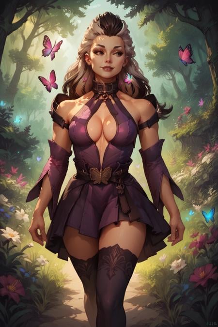 score_9, score_8_up, score_7_up, masterpiece, high quality <lora:Sindel MKPonyLoRA:0.8>Sndl, long hair, two-tone hair, hair slicked back, collar, top, detached sleeves, belt, skirt, cleavage cutout, thighhighs, walking in a forest, butterflies, flowers, happy