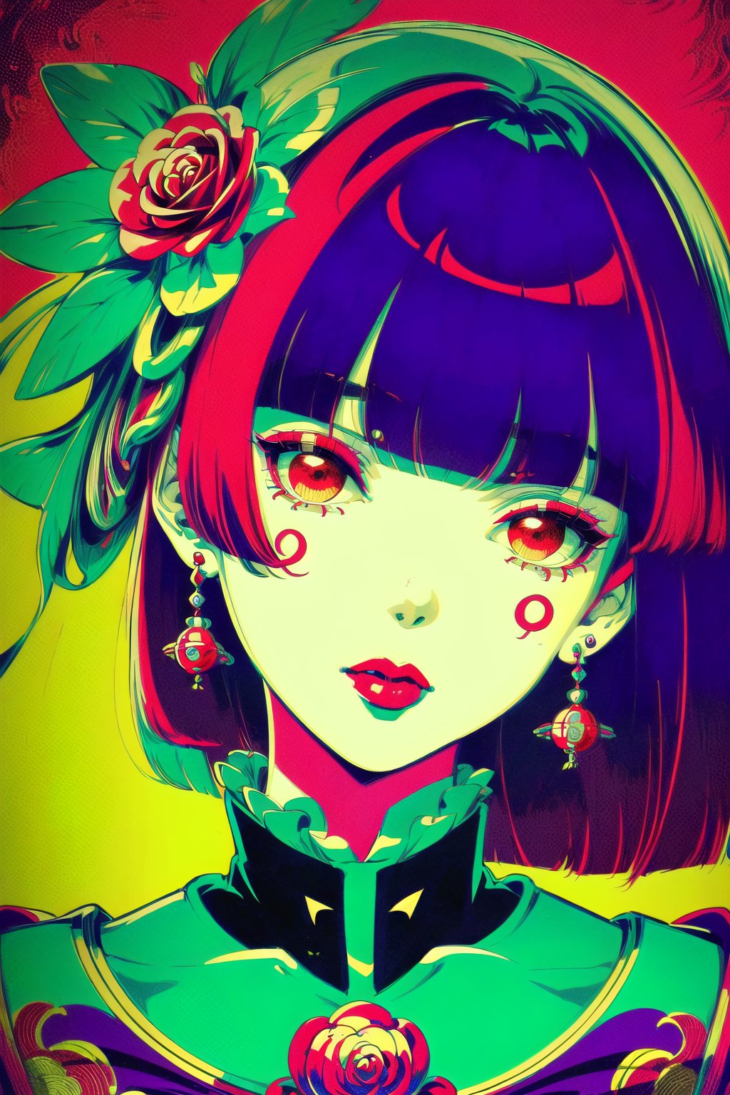 (Masterpiece), (highres), 8k, manga, digital illustration, 2d, retro artstyle, monochrome, partially colored,(ultra-detailed portrait of a woman,solo, shaded face, red rose, red theme, confident, jewelry, colorful, frill trim, extremely detailed, detailed face, lipstick, straight hair, bangs,stylish, expressive, blush, looking to the side, head tilt, cowboy shot, fully clothed, (8k resolution),post00d,Hajime_Saitou,,quju,Oiran,sugar_rune,sweetscape,hirom1tsu,perfect light<lora:EMS-91280-EMS:0.400000>, <lora:EMS-352161-EMS:1.500000>