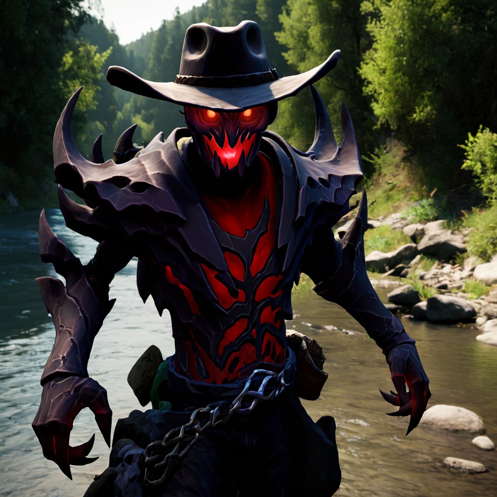 <lora:Shadow Fiend SDXL:1> ShadowFiend, near a river, wearing cowboy hat