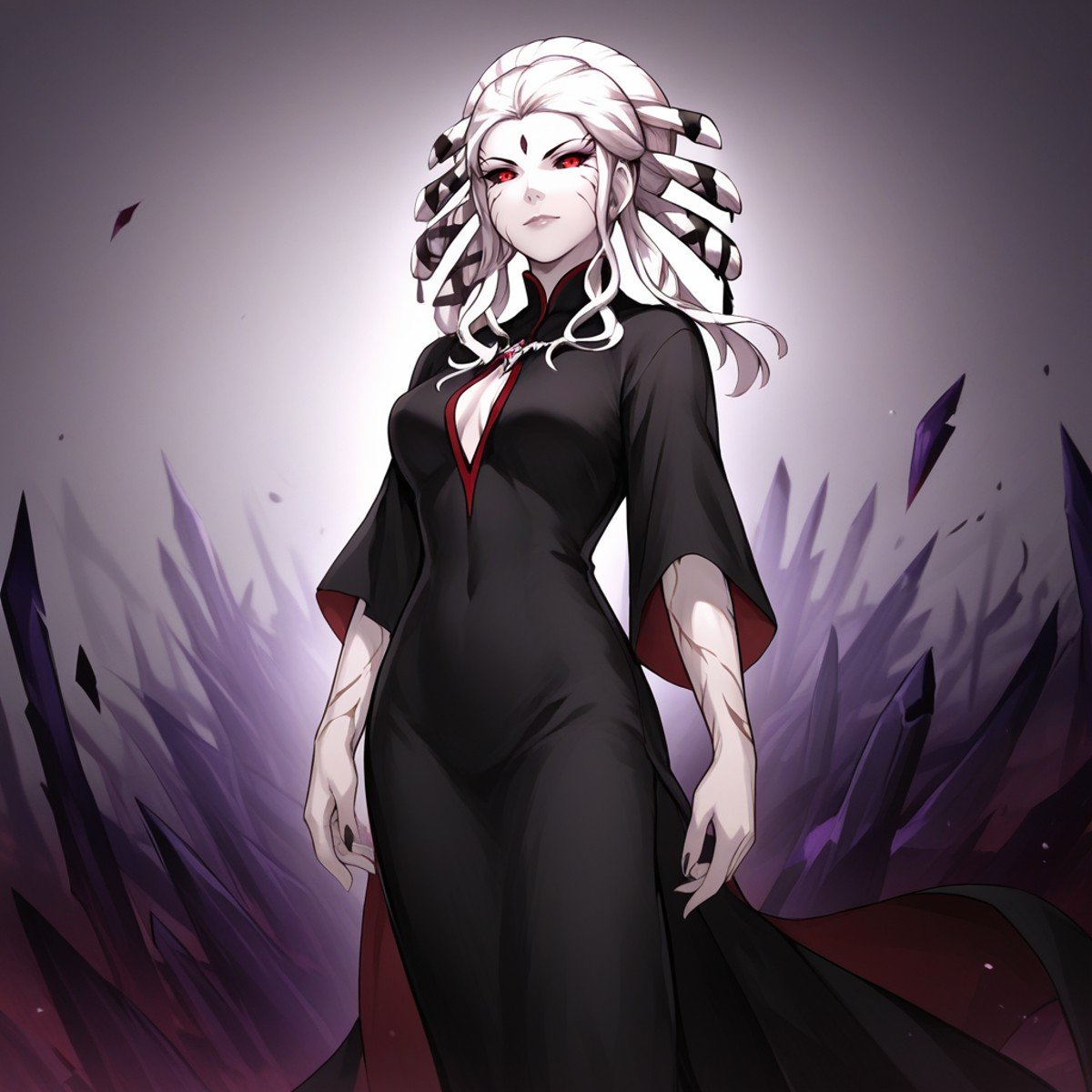 score_9,score_8_up,score_7_up,score_6_up,source_anime,rating_questionable,standing, cowboy shot, solo, 1girl, <lora:Salem_-_RWBY:0.8> salem_rwby, red eyes, black sclera, facial mark, white hair, black dress, zPDXL2,