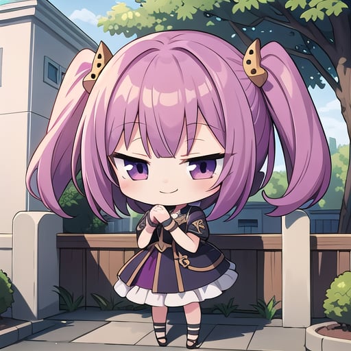 <lora:hotarueye_jitome18_v100:1>, 1girl, (chibi:1.4), smile, closed mouth, dynamic angle, standing, , purple hair, outdoor