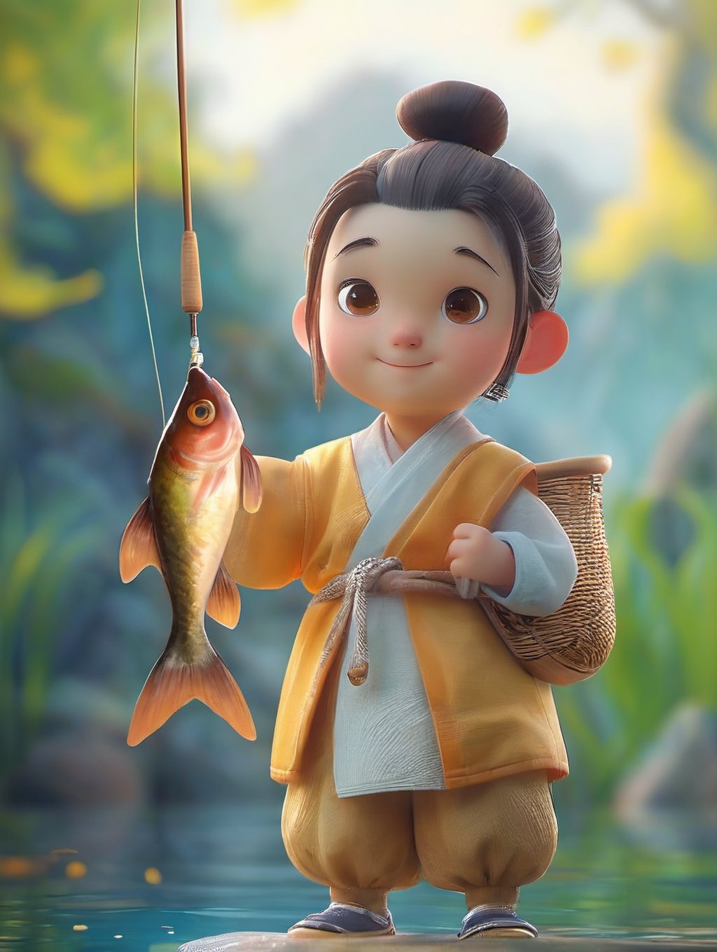 fish,fishing rod,outdoors,solo,blurry,holding,smile,brown eyes,standing,blurry background,day,1boy,water,long sleeves,hair bun,fishing,single hair bun,pants,brown hair,1girl,parted lips,koi,black hair,male focus,river,depth of field,GCDY