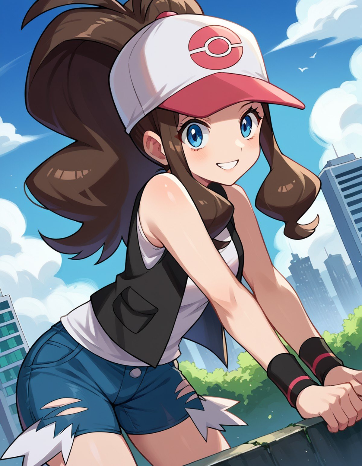 score_9, score_8_up, score_7_up, source_anime,pokemonhilda, <lora:pokemon-hilda-ponyxl-lora-nochekaiser:1>pokemonhilda, blue eyes, brown hair, long hair, ponytail, smile,baseball cap, blue shorts, denim, hat, shorts, vest, wristband, sleeveless, black vest, white shirt, shirt,outdoors, cityscape, bent over,looking at viewer, dutch angle, cowboy shot,