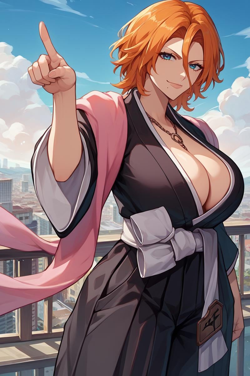 score_9, score_8_up, score_7_up, score_6_up, source_anime BREAK 1girl, solo,  <lora:rangiku-pdxl-nvwls-v1-000006:1> defran, short hair, hair between eyes, orange hair, mole under mouth, necklace, black robes, cleavage, pink scarf, white sash, hakama pants, large breasts, from side, looking at you, pointing at you, blue sky, clouds, city, smirk