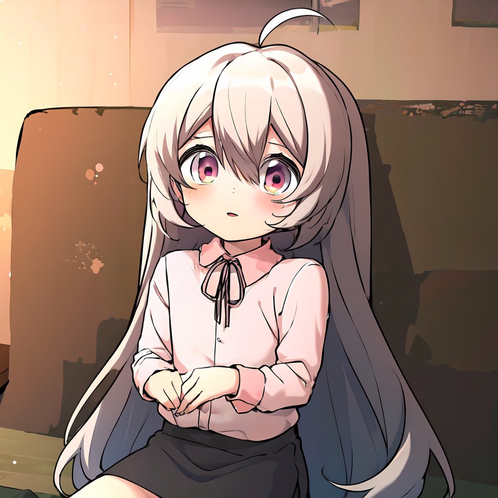 HDR,UHD,best quality,Highly detailed,masterpiece,Professional,<lora:linlin:1>,linlin,1girl,long hair,shirt,solo,ahoge,grey hair,skirt,collared shirt,pink shirt,long sleeves,bangs,ribbon,blush,hair between eyes,very long hair,indoors,sitting,neck ribbon,facing viewer,loli,female child,