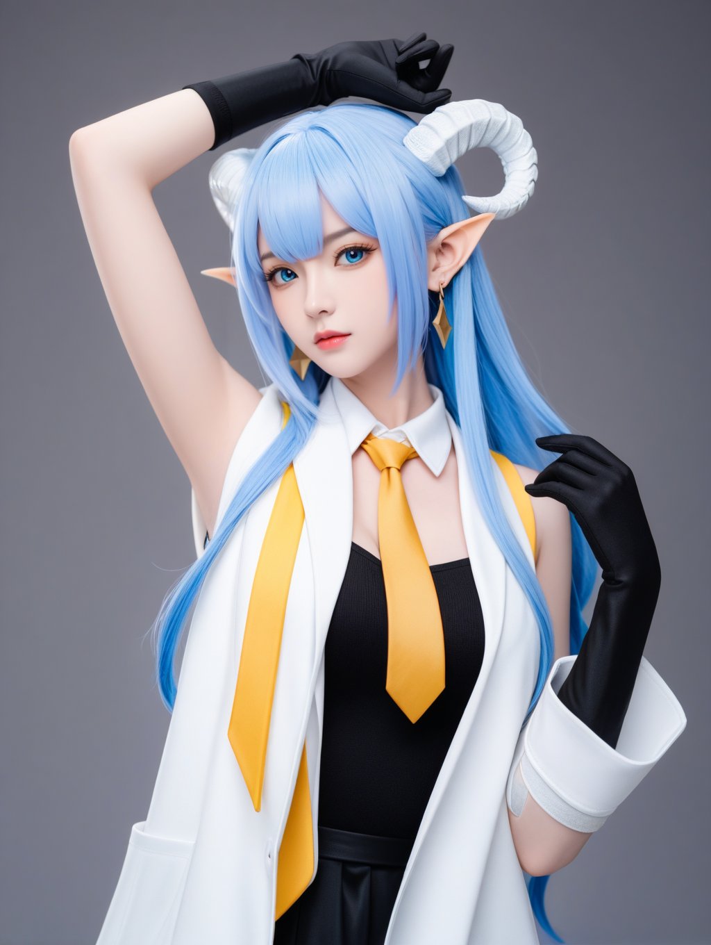 1girl,solo,best quality,upper body,looking at viewer,holding hair,pointy ears,parted lips,dragon horns,blue eyes,blue hair,very long hair,braid,bangs,medium breasts,black gloves,white coat,elbow gloves,open coat,yellow necktie,earrings,arm up,bandaged arm,official alternate costume,