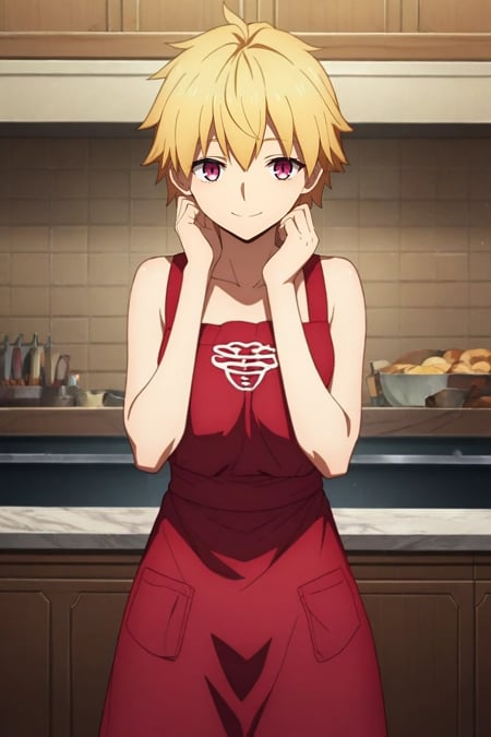 zPDXL, score_9, score_8_up, score_7_up, rating_safe, intricate details, looking at viewer, , 1girl, pink eyes, medium blonde hair, long pixie, , apron, red pants, solo, wide angle, wide shot, full body, tokyo tower, indoors, breast rest, smile, <lora:fate_go_style_pony:0.98>, fate_go_style, , <lora:sdxl_lightning_8step_lora:1>