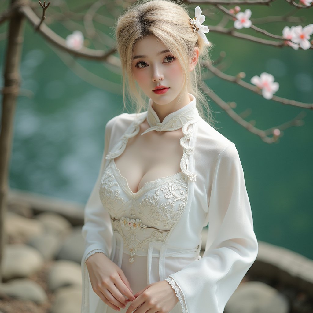 best quality,masterpiece,highres,seductive,1girl,hair ornaments,tyndall effect,photorealistic,8k uhd,high quality,Photograph,high resolution,looking at viewer,RAW,large breasts,cleavage,blonde hair,wave layered hair,sexy white cheongsam,elegant,chinese style,standing,outdoors,rock,lake,tree,flower,bush,beauty_face,large breasts,round breasts,from above,