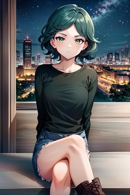 (masterpiece, best quality:1.5), absurdres, perfect anatomy, <lyco:norea_v5-000006:1.0>, norea, short hair, green eyes, bangs, swept bangs, blue hair, green hair, looking at viewer, 1girl, solo, cowboy shot, skirt, shirt, long sleeves, boots, shorts, black footwear, black shirt, brown footwear, torn clothes, white shorts, straight-on, crossed legs, arms behind back, (cityscape, night, starry sky:1.2), (doyagao:1.2)