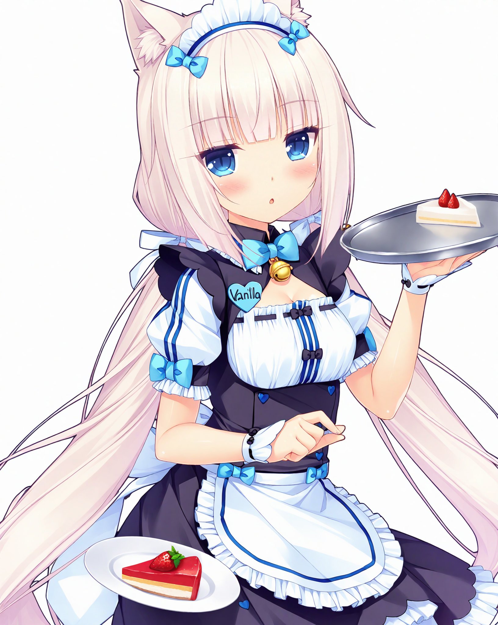 Nekopara,NK_Old_Style, Vanilla_\(nekopara\), 1girl, solo, cake, animal_ears, food, blue_eyes, long_hair, bow, breasts, blue_bow, cat_ears, bell, twintails, maid_headdress, short_sleeves, apron, white_hair, cleavage, simple_background, looking_at_viewer, white_background, blunt_bangs, maid, holding, bowtie, blush, puffy_short_sleeves, low_twintails, jingle_bell, name_tag, puffy_sleeves, blue_bowtie, very_long_hair, cake_slice, waist_apron, holding_tray, animal_ear_fluff, ribbon_trim, tray, frills, hand_up, medium_breasts, holding_plate, cleavage_cutout, clothing_cutout, plate, waitress, white_apron, hair_bow, :o, parted_lips, ribbon, cat_girl, dress, fruit, strawberry, neck_bell, frilled_apron, wrist_cuffs, open_mouth,