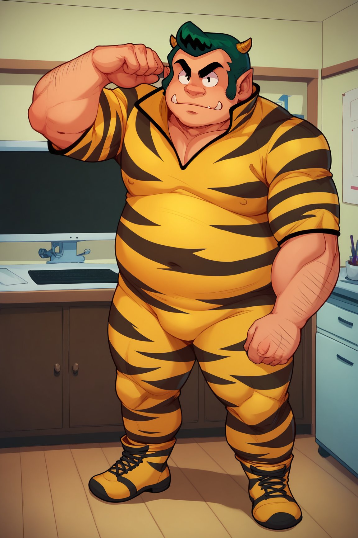 score_9, score_8_up, score_7_up, score_6_up, BREAK, LumFatherUYXL, thick eyebrows, black eyes, green hair, short hair, sideburns, yellow horns, oni horns, pointy ears, fangs, muscular male, fat, tiger print, yellow bodysuit, short sleeves, solo, full body, standing, seductive smile, looking at viewer, indoors <lora:LumFatherUYXL:1>