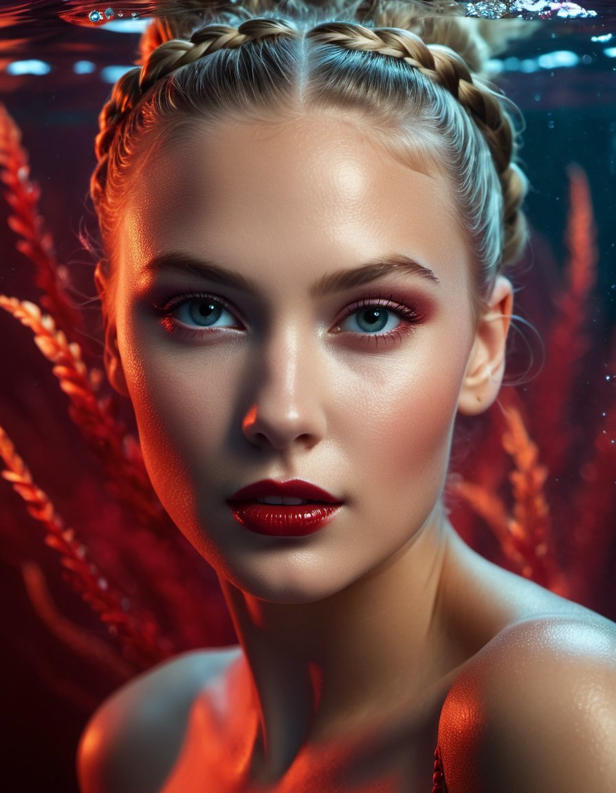 cinematic photo (by Zena Holloway:1.0) , portrait, close up of a (Girl:1.1) , she is feeling smug, majestic, Braided bun hair, detailed Crimson background, Underwater photography, ethereal imagery, surreal compositions, exploration of the aquatic world, abstract, magic atmosphere, dynamic composition, highly detail, badge, highly detailed, highly complex, advanced cinematic perfect light . 35mm photograph, film, bokeh, professional, 4k, highly detailed